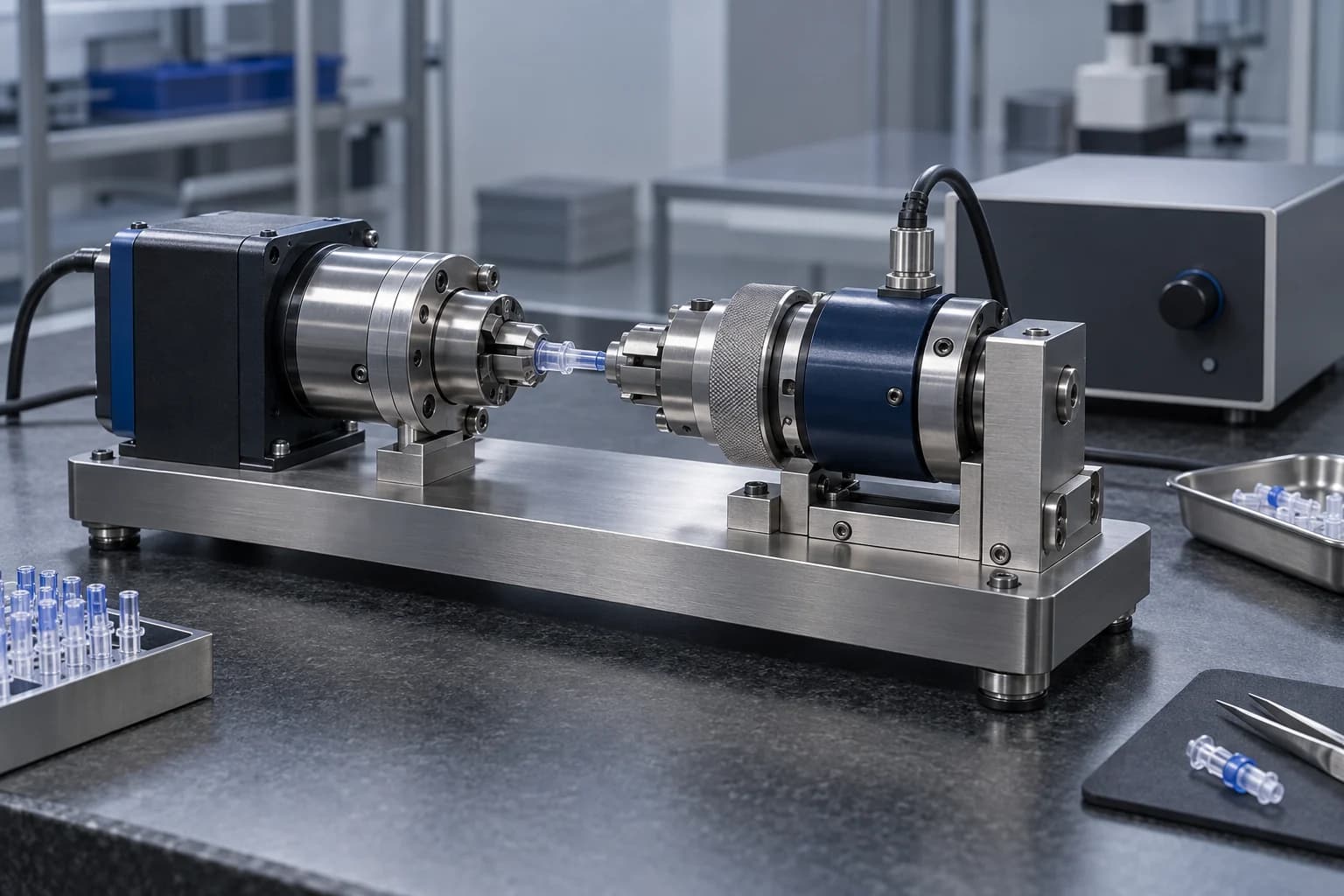 Controlled torque test stand with a small connector mounted between rotary fixtures