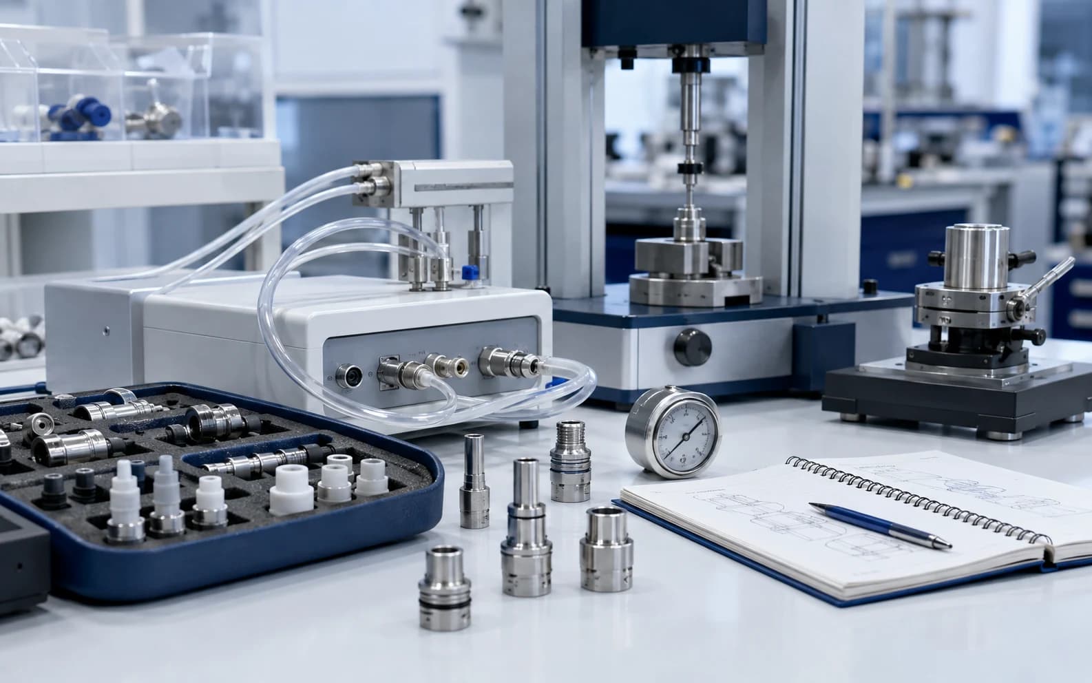 ISO 80369 leakage and vacuum workflow bench with tubing, fixtures and gauges