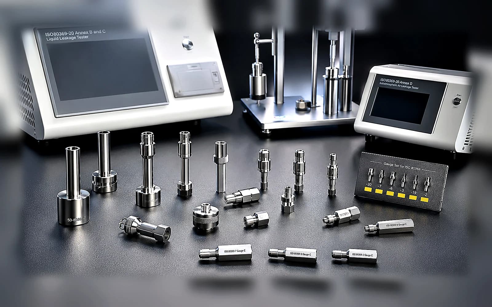 ISO 80369 connector test setup with reference connectors and measurement equipment