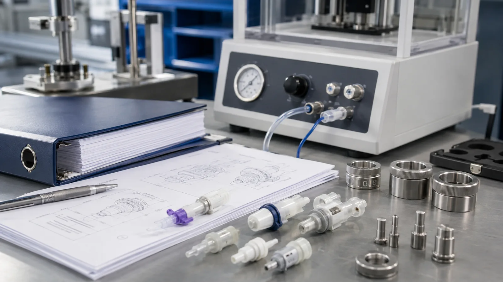 ISO 80369 small-bore connector standard selection bench with samples, gauges, drawings and test equipment