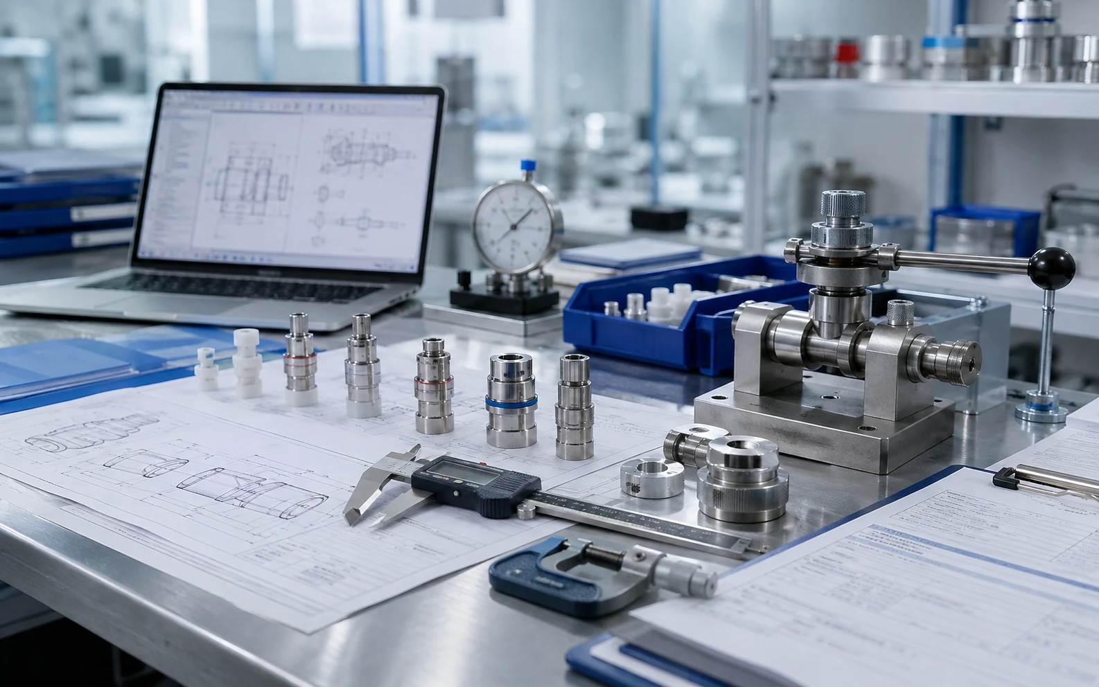 KingPo engineering selection review bench with gauges, drawings and fixtures