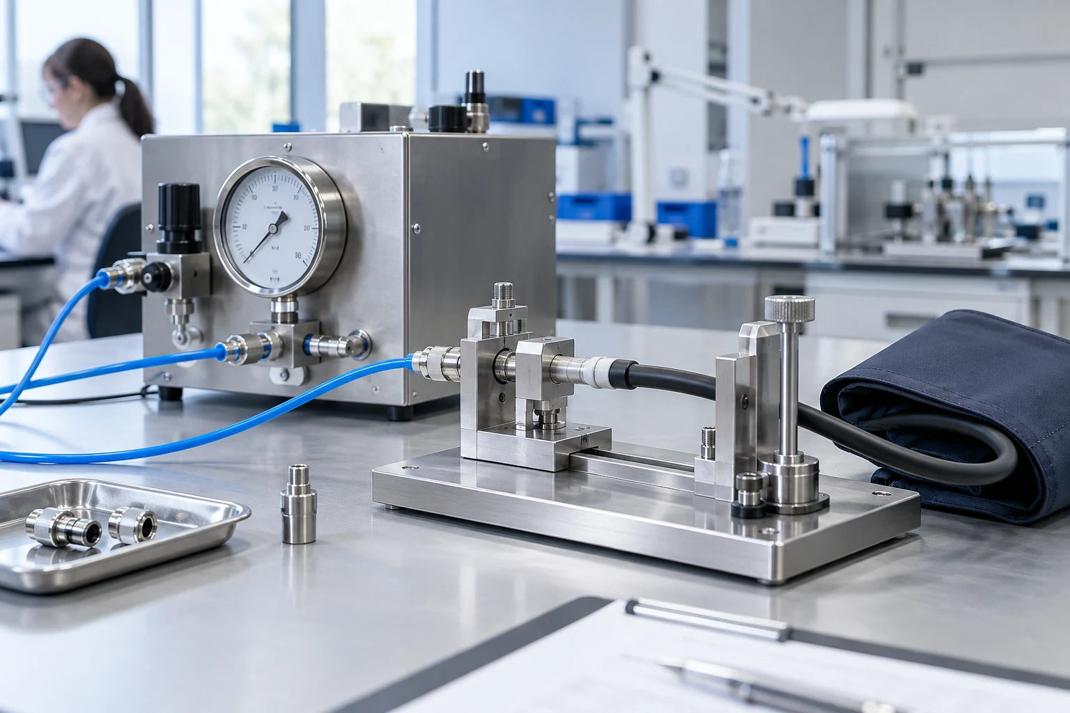 Limb-cuff inflation connector and pneumatic pressure test fixture in a laboratory
