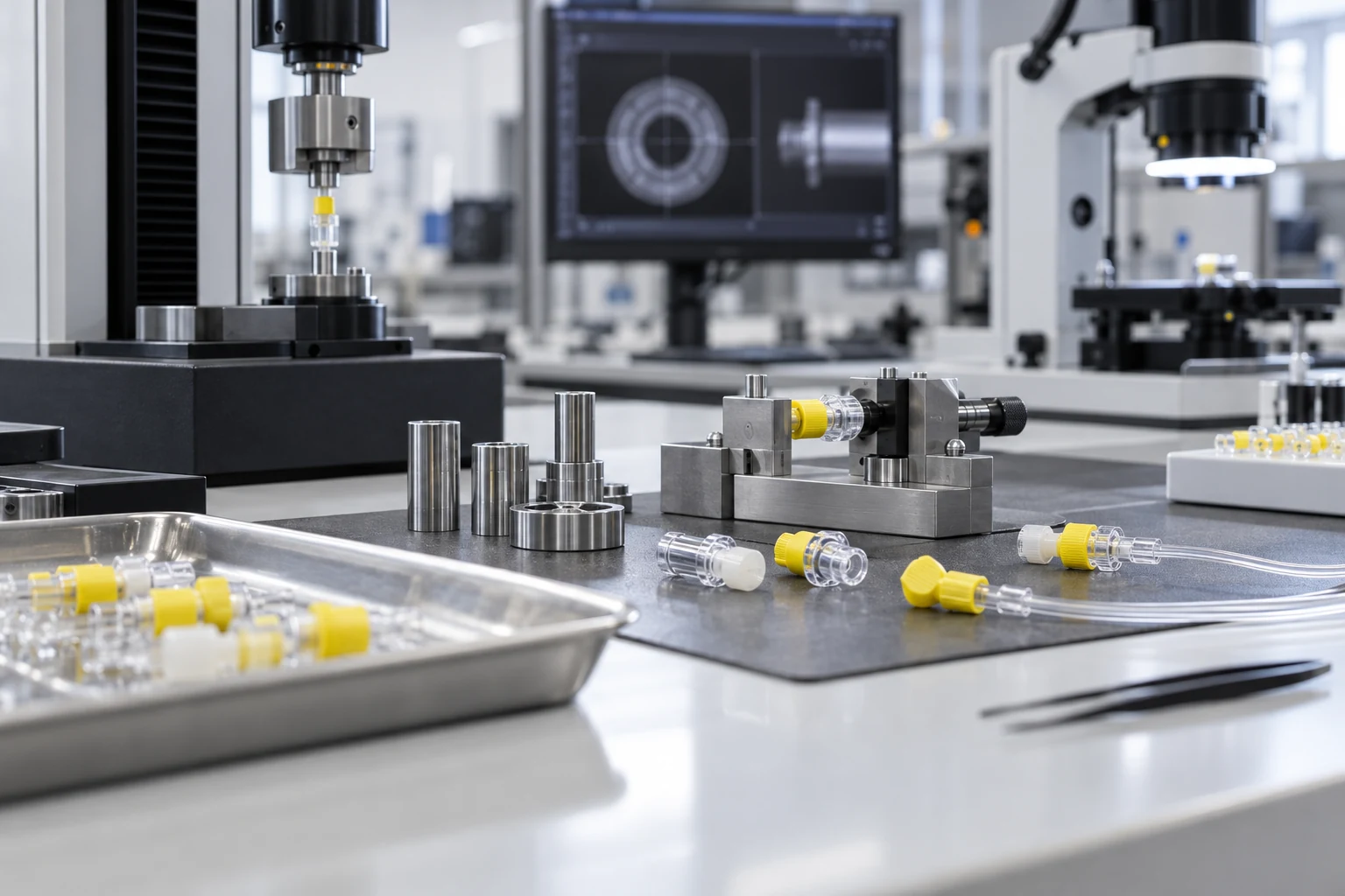 Neuraxial connector samples and reference fixtures prepared for dimensional and mechanical verification