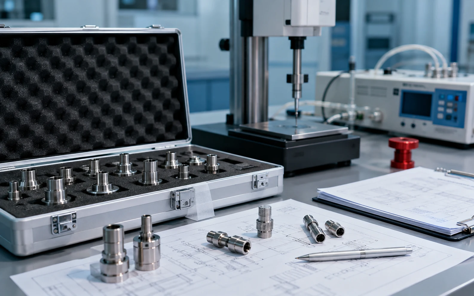 KingPo ISO 80369 technical document review bench with gauges, drawings and calibration material