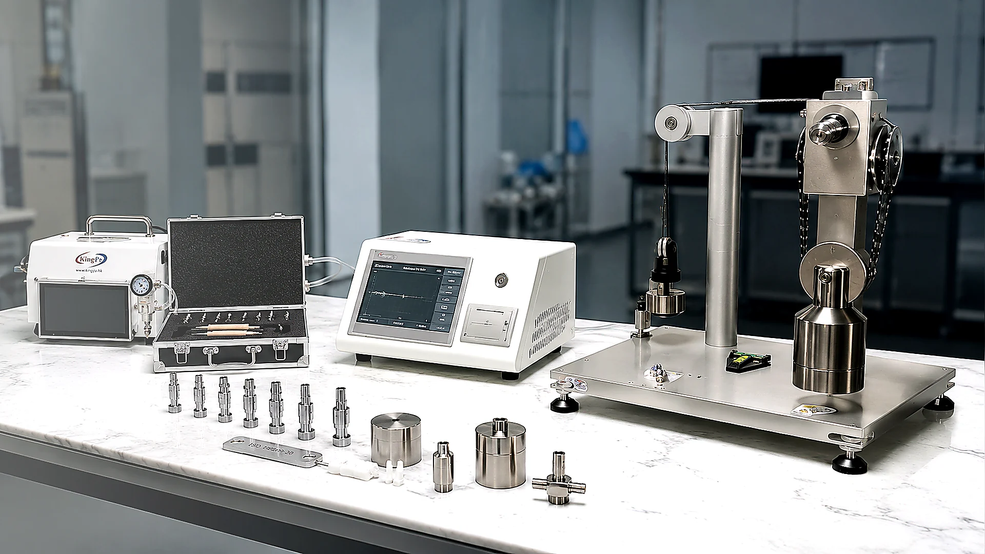 ISO 80369 test equipment, reference connectors and fixture setup in a laboratory