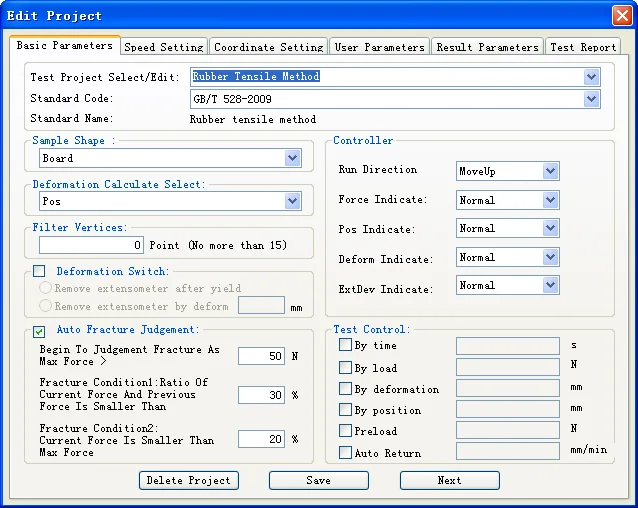 AnyTest test program setup screen for axial-load testing